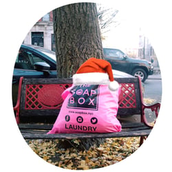 A picture of The Soap Box bag with a Santa hat on