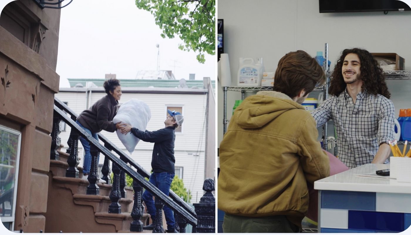 A split image with a man picking up laundry from a woman and the other a man dropping off laundry at the laundromat