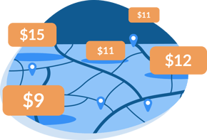 Icon image of map of varying added costs and pricing