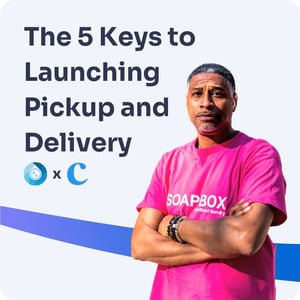 A person stands with their arms crossed next to the words "The 5 Keys to Launching Pickup and Delivery."