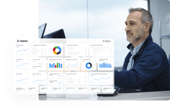 A picture of a man at his tablet and a screenshot of the Cents POS dashboard