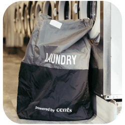 A laundry bag sits in front of a row of laundry machines.