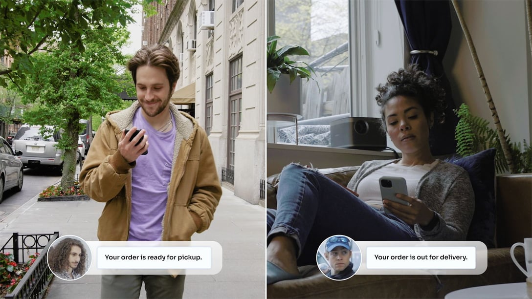 A picture of 2 customers checking their app, one ready for pickup and the other out for delivery